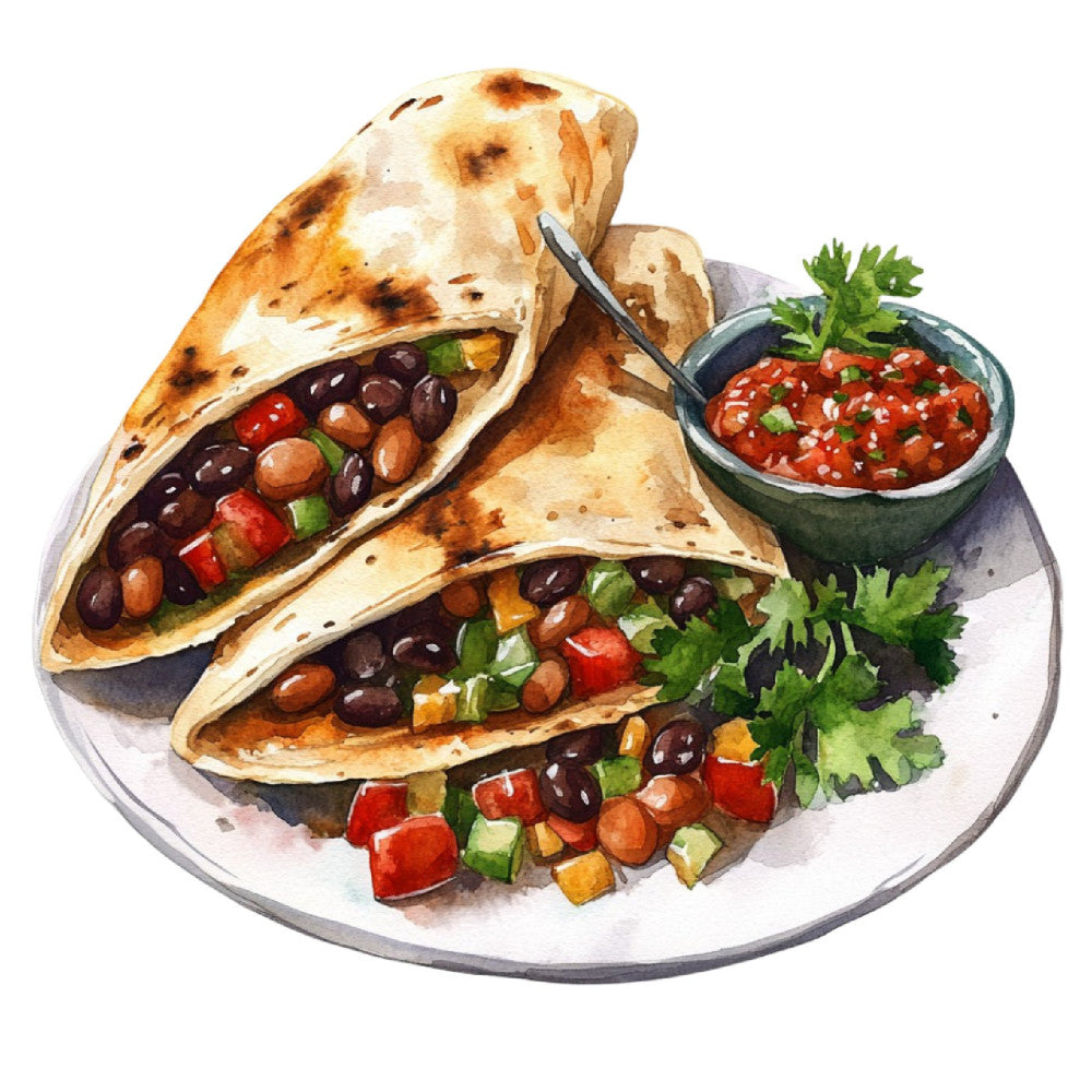 taco, mexican food, beans, cilantro, salsa, food illustration, culinary, kitchen, dining, tan, cream, burnt orange, red, green, black, charcoal gray, food art, kitchen decor, restaurant, cafe, appetizer, lunch, dinner, foodie, culinary arts, harvest, warm tones, rustic, casual dining