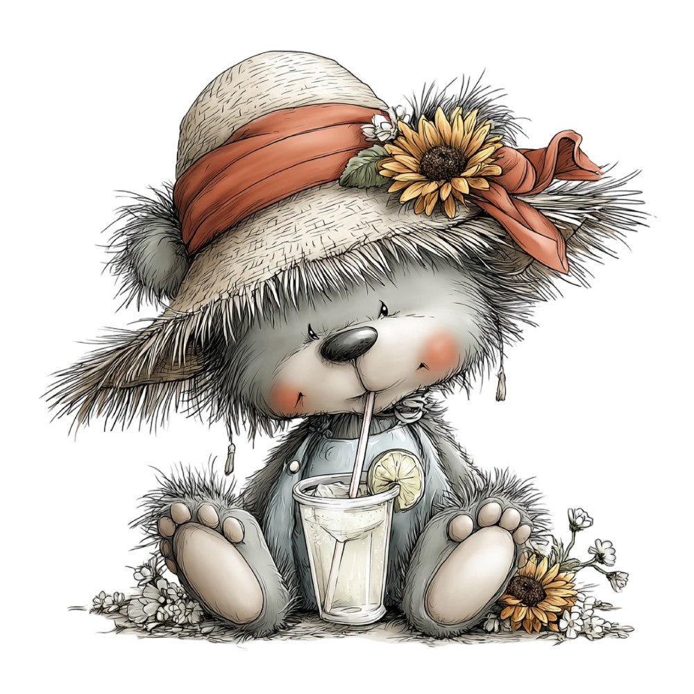 cute animal, teddy bear, straw hat, sunflower, whimsical, children's, baby, cream, tan, rust orange, terracotta, black, white, floral, nature, summer, spring, friendly, adorable, illustration style, decorative, wall hanging, nursery, kids quilt, daisy flowers, beverage motif, lemonade, linen texture, pastoral, sweet