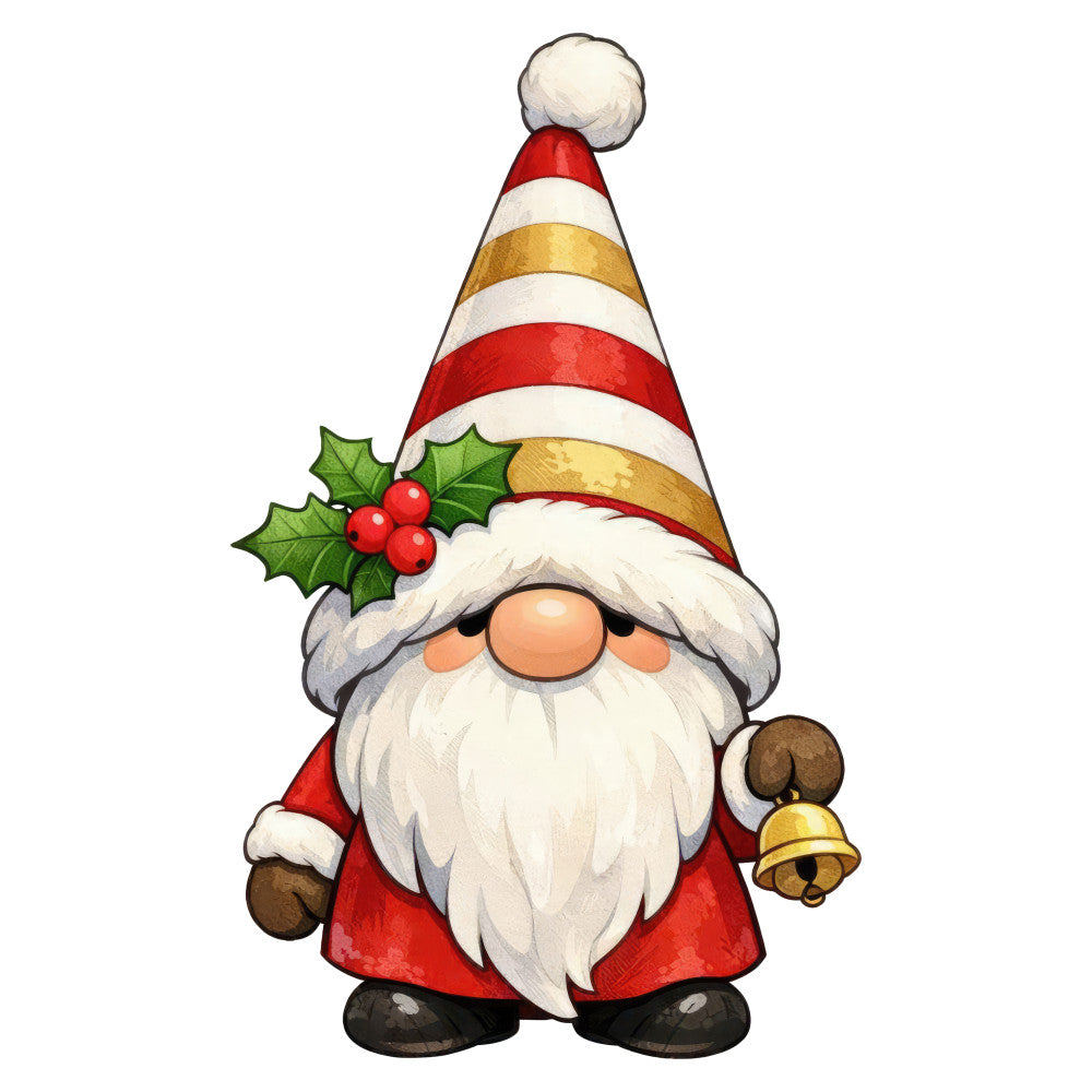 gnome, holiday, christmas, striped, red and white, gold stripe, festive, whimsical, winter, santa hat, holly berries, red coat, brown mittens, jolly, traditional, cute, decorative, seasonal, christmas decoration, pom pom, bearded character, cream white, bright red, metallic gold, cheerful, novelty print, folk art style, vintage christmas, holiday cheer