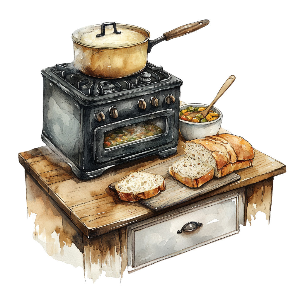 fabric panel, country kitchen, vintage stove, cooking pot, homemade bread, wooden table, rustic style, warm browns, golden yellows, cream colors, watercolor illustration, kitchen scene, comfort food, soup bowl, bread loaf, cozy atmosphere, cottage style, culinary theme, quilting cotton, farmhouse kitchen