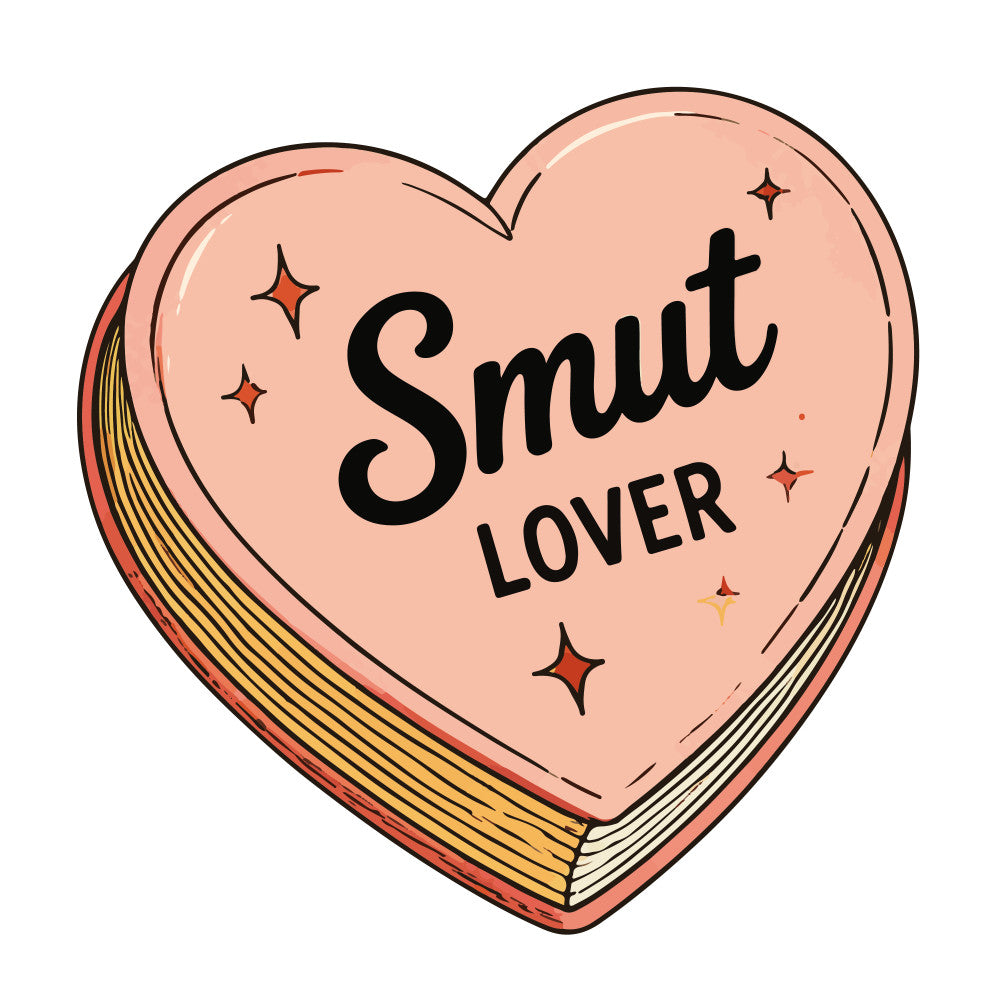 smut lover, conversation hearts, peach, coral pink, cream, gold, heart shape, sparkles, stars, whimsical, playful, romantic, humorous, funny, typography, text design, valentines, love themed, book design, literary, snarky, adult humor, retro style, vintage inspired, novelty, conversation hearts style, indie, cheeky