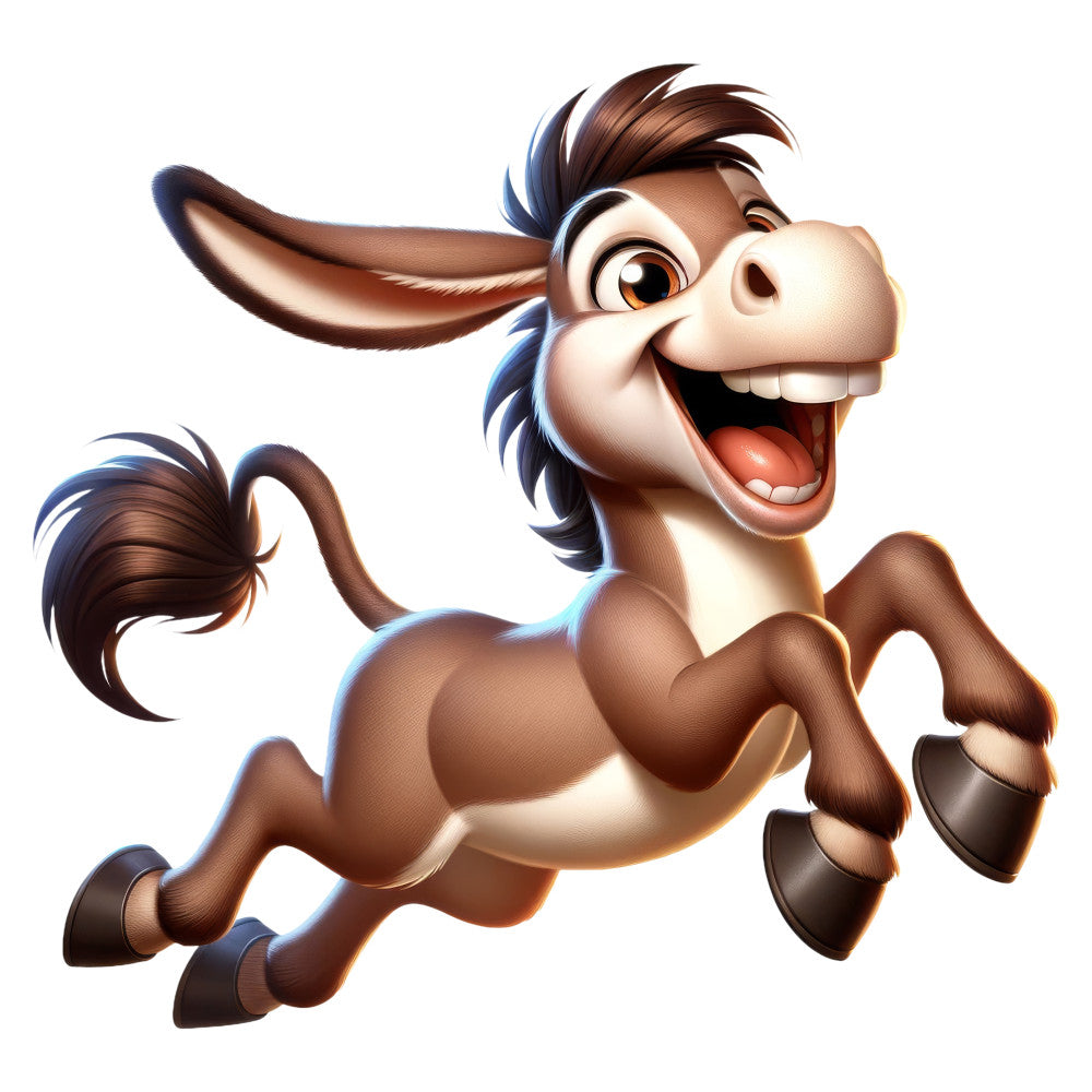 brown, cream, tan, blue, animated, cartoon, horse, donkey, whimsical, playful, children's, kids, animal character, smiling, happy, cheerful, fun, comic, illustrated, character panel, juvenile, youth, vibrant, expressive, mane, hooves, boots, comedic, family-friendly, storybook