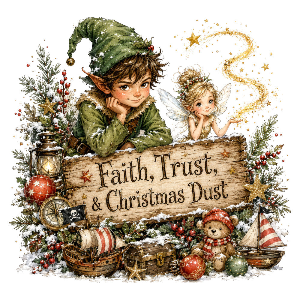 forest green, cream, red, gold, fairy tale, whimsical, peter pan, christmas, holiday, nautical, vintage, rustic, magical, storybook, children's, fantasy, elf, fairy, stars, compass, ships, teddy bear, ornaments, pine branches, snow, enchanted, adventure, bedtime story, nursery