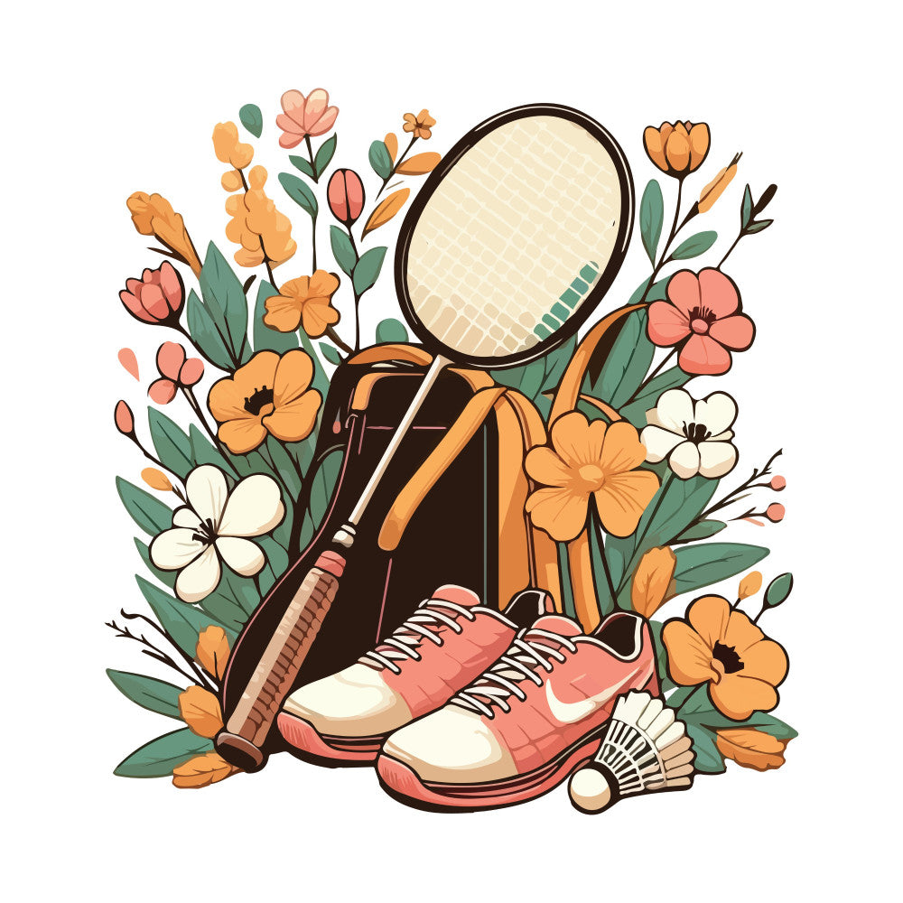tennis, sports, badminton, racquet, sneakers, athletic shoes, coral pink, cream, golden orange, sage green, teal, floral, botanical, flowers, nature, active lifestyle, whimsical, playful, modern, vintage sport, retro, leisure, recreational, spring, summer, wall art, home decor, illustration, decorative panel, poppies