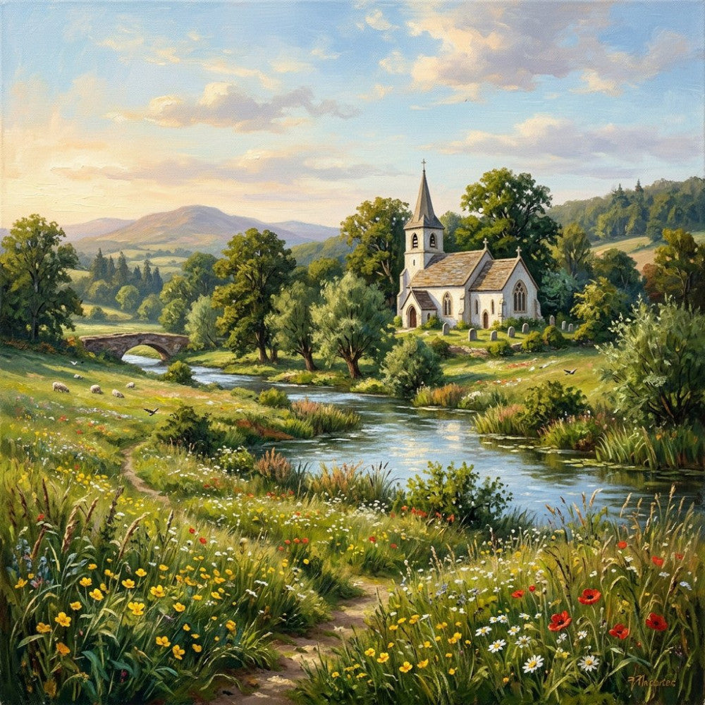 pastoral landscape, countryside, church, cottage core, wildflower meadow, spring flowers, summer landscape, rolling hills, mountain scenery, rural village, English countryside, quaint village, nature scene, floral meadow, daisy, poppy, wildflowers, cream, sage green, forest green, golden yellow, sky blue, soft yellow, traditional, romantic, whimsical, scenic, rustic, peaceful, idyllic
