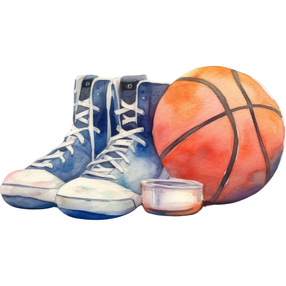 basketball, sports, athletic shoes, sneakers, blue sneakers, orange basketball, navy blue, cream white, orange, red-orange, coral red, sports equipment, athletic, youth, boys, men's, casual wear, active lifestyle, gym, court, trophy, championship, motivational, modern, urban, watercolor, illustrated, realistic, basketball shoes, high-tops