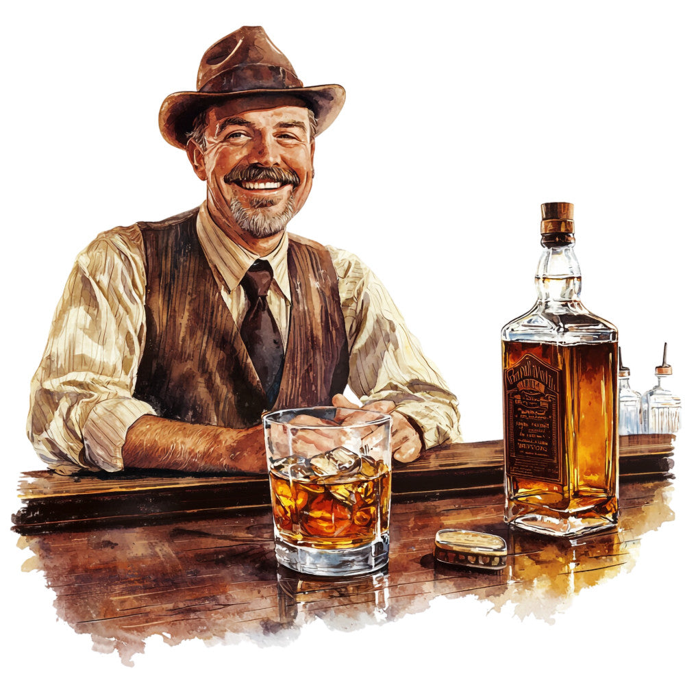 bourbon, whiskey, bartender, vintage man, brown tones, amber liquid, glass tumbler, whiskey bottle, western hat, vest, mustache, bar scene, brown leather, golden amber, rustic wood, saloon style, fabric panel, quilting cotton, vintage illustration, watercolor style