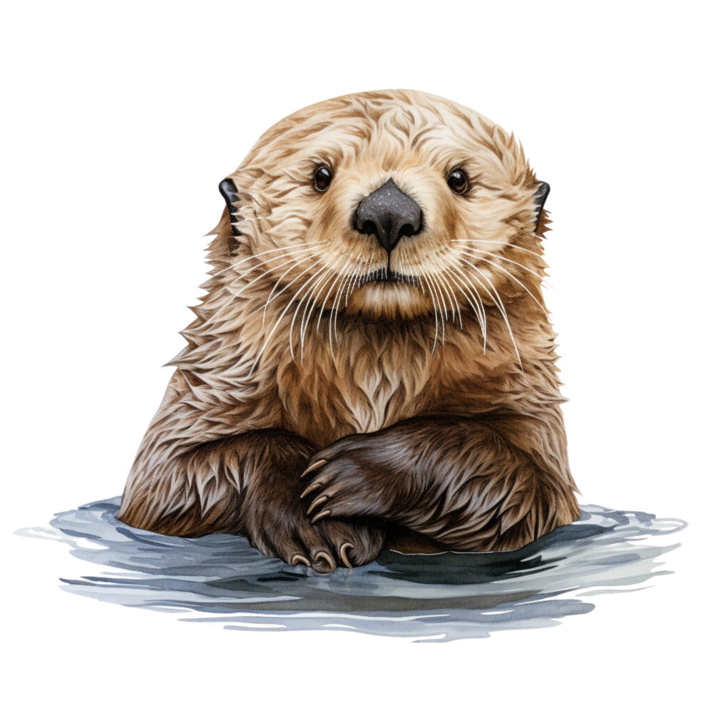 sea otter, otter portrait, wildlife, animals, water, aquatic, nature, realistic, brown, tan, cream, beige, gray blue, wet fur, whimsical, cute, adorable, character design, woodland, coastal, nautical, children's, playful, friendly, illustrated, detailed, lifelike, nursery, kids, wall hanging