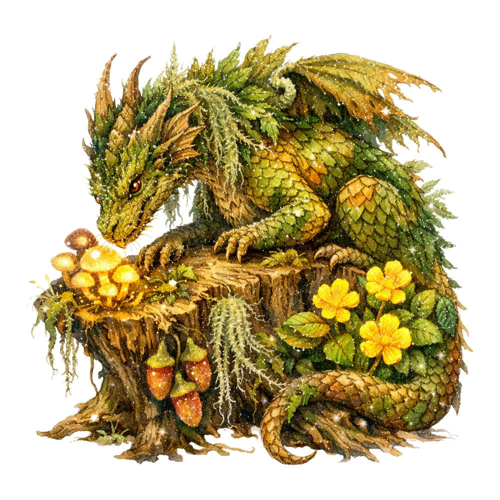 forest green, olive green, golden yellow, mustard yellow, moss green, bronze, earthy tones, dragon, fantasy, woodland, nature, whimsical, magical, mushrooms, yellow flowers, ferns, moss, rustic, enchanted forest, storybook, illustration, children's, adventure, creature, scale pattern, leafy, organic, fairy tale, garden, nature lover