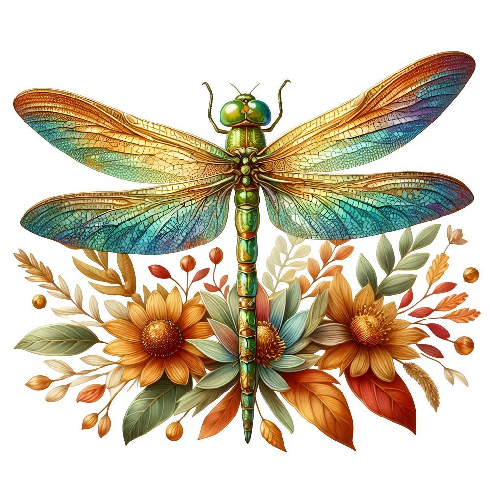 dragonfly, iridescent wings, gold, turquoise, teal, emerald green, bronze, copper, sunflower, floral, autumn, fall, nature, botanical, insects, whimsical, elegant, decorative, leaves, warm tones, jewel tones, golden yellow, rust orange, burnt orange, celestial inspired, fantasy, artistic, decorative panel, nature lover, autumn harvest