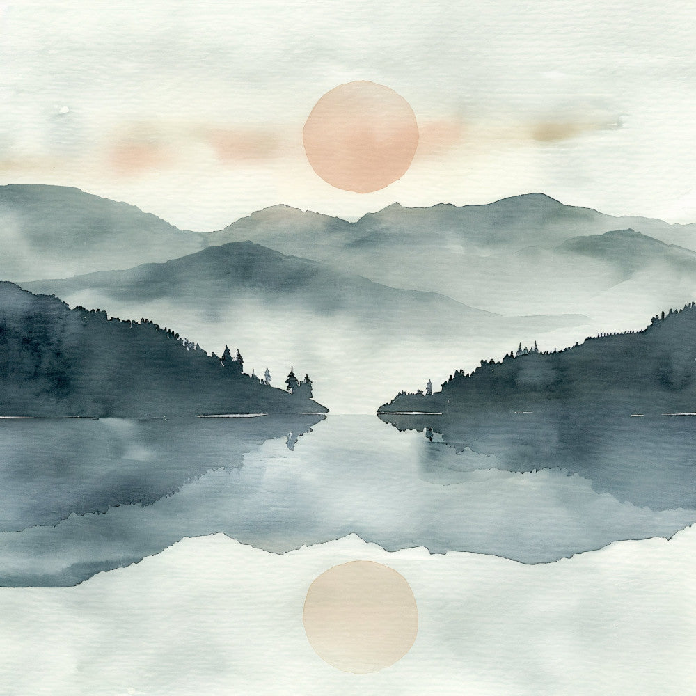 misty mountains, watercolor landscape, serene lake, forest green, slate blue, soft beige, peachy pink, abstract nature, minimalist, modern, zen, celestial, two moons, reflection, contemplative, tranquil water, evergreen trees, mountain range, foggy, atmospheric, boho, elegant, nature inspired, landscape art, meditation, peaceful, artistic, soft palette, dreamy, wall hanging