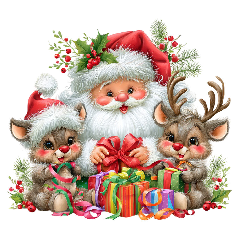 santa claus, reindeer, christmas, holiday, red, white, cream, forest green, gold, coral pink, festive, whimsical, cheerful, animals, cute, jolly, gift boxes, ribbons, holly berries, evergreen, traditional, vintage, children's, decorative, seasonal, winter, gift giving, playful, nostalgic