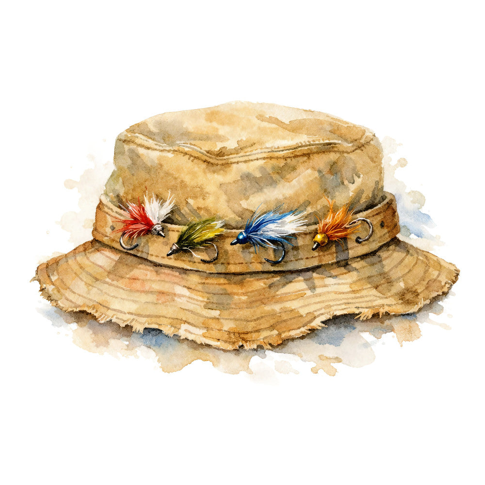 fishing hat, fishing lures, rustic, vintage, tan, beige, cream, khaki, brown, red, blue, yellow, orange, nature, outdoor, sportsman, fishing theme, whimsical, watercolor, hand-painted, fishing flies, casual, country, masculine, cabin decor, adventure, summer, father's day, wall hanging, hobby themed