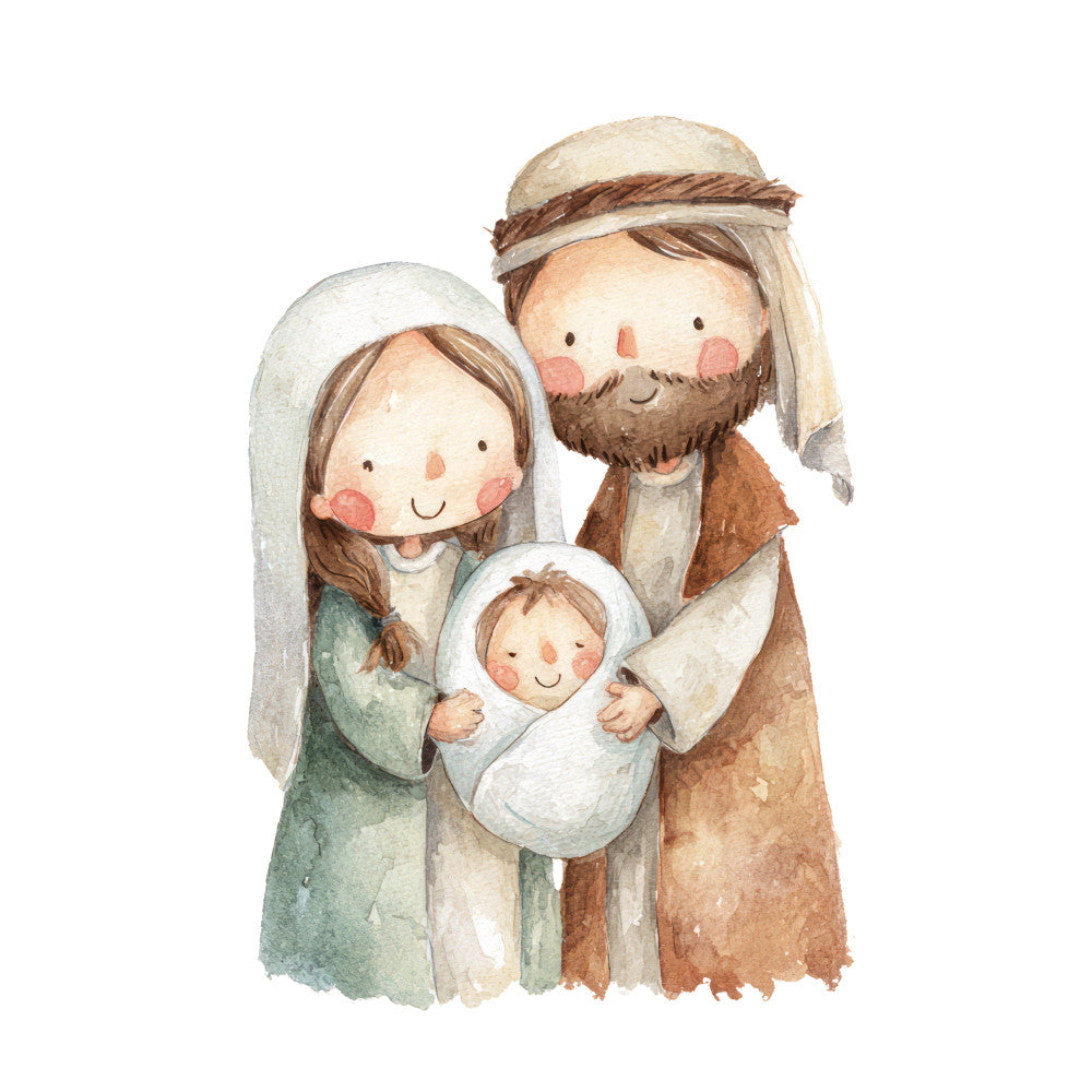 nativity, holy family, christmas, religious, spiritual, baby jesus, joseph, mary, infant, beige, cream, tan, brown, sage green, soft colors, watercolor, gentle, whimsical, sweet, tender, illustrative, children's, holiday, winter, faith, tender moment, manger scene, peaceful, calm, nursery