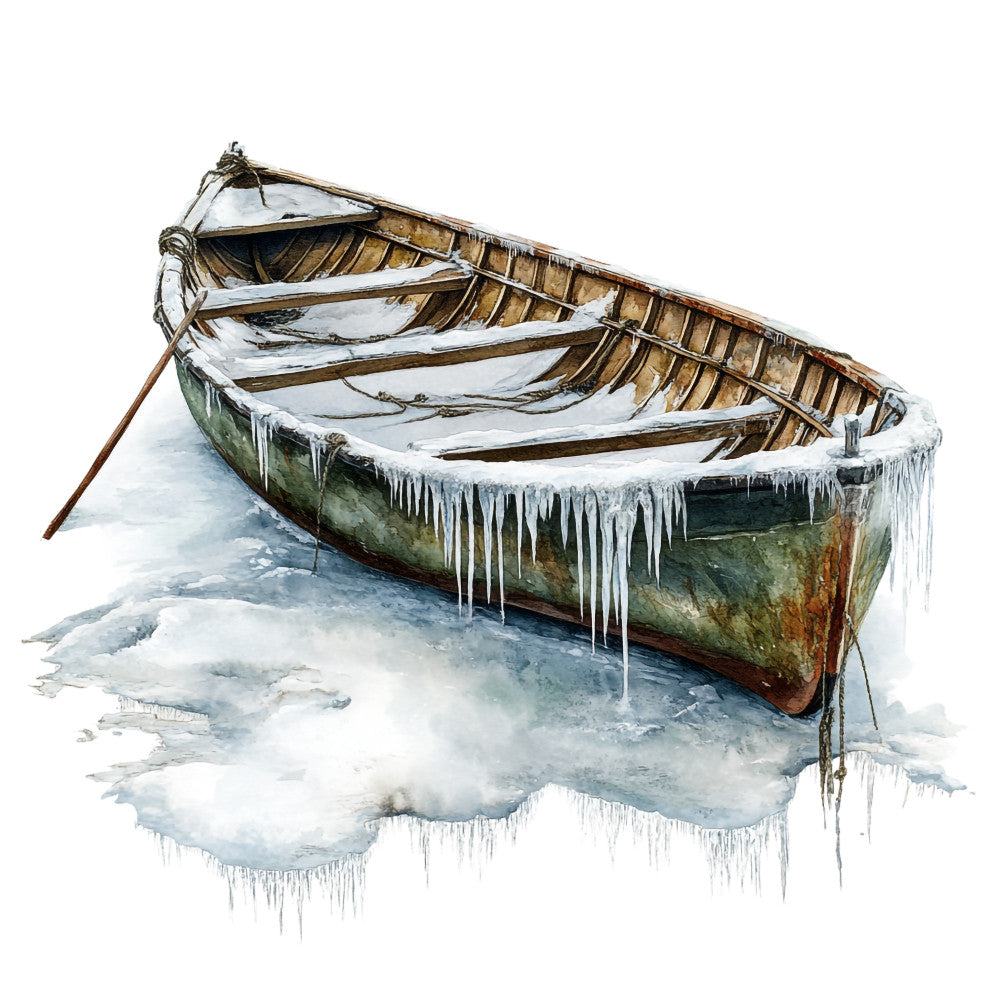 watercolor painting, wooden boat, winter scene, icicles, frozen water, nautical theme, rustic boat, ice formation, cold weather, maritime art, boat illustration, winter landscape, fabric panel, quilting cotton, green hull, brown wood, white ice, blue water, scottish scenery, coastal scene