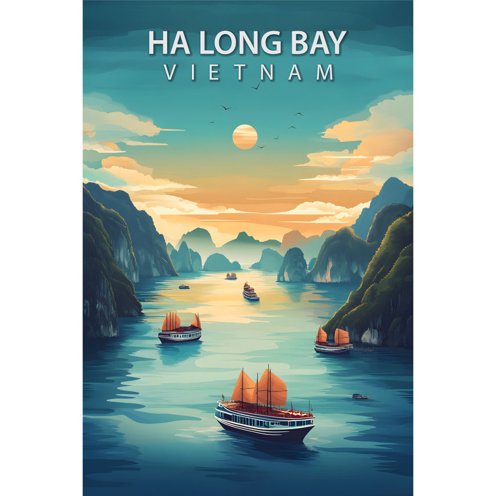 ha long bay, vietnam, travel poster, fabric panel, turquoise water, orange sunset, limestone cliffs, red sails, scenic landscape, asian destination, tropical paradise, emerald green, golden hour, vintage poster style, quilting cotton, tourist boats, mountain formations, peaceful bay, southeast asia