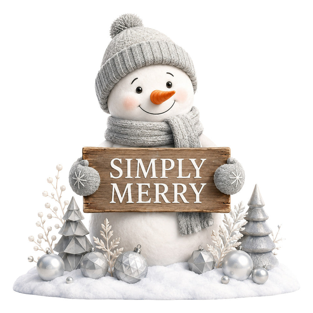 winter snowman, christmas holiday, gray, white, silver, cream, orange, whimsical, festive, cheerful, rustic, wooden sign, seasonal, winter theme, snowflakes, snow, decorative ornaments, pine trees, nature, family friendly, cold weather, greeting card style, nostalgic, joyful, winter wonderland, children's, playful, simply merry, holiday decor