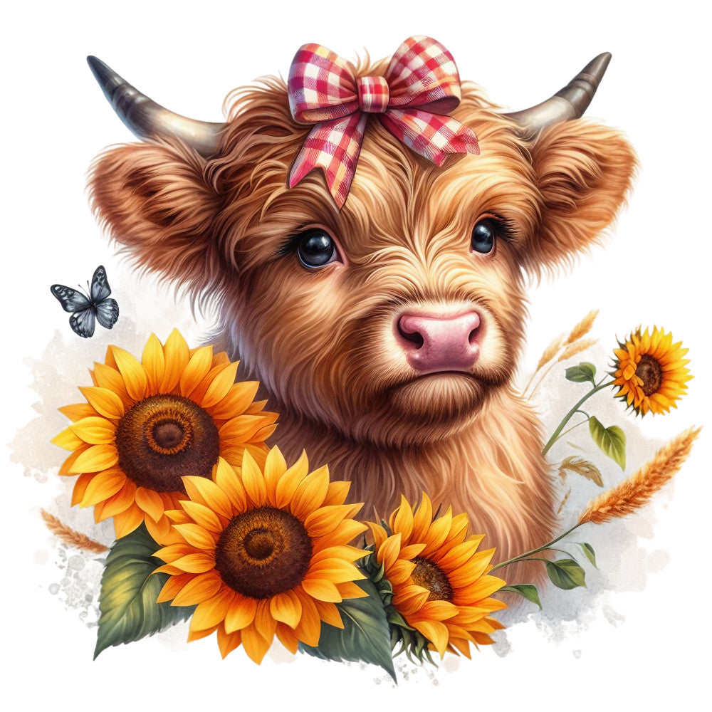 Rustic Sunflower Highland Cows Fabric Panel 28