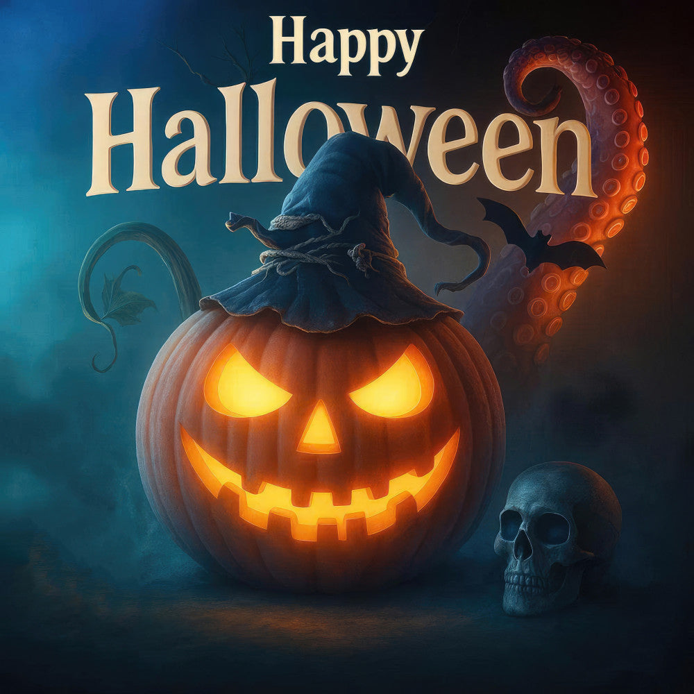 happy halloween, jack-o-lantern, pumpkin, glowing eyes, spooky, halloween theme, orange pumpkin, witch hat, skull, tentacle, dark blue, orange glow, yellow glow, autumn, fall, holiday, spooky season, creepy, scary, mystical, gothic, halloween decoration, jack-o-lantern face, carved pumpkin, evil grin, haunted, dark theme, orange and blue, atmospheric, whimsical spooky