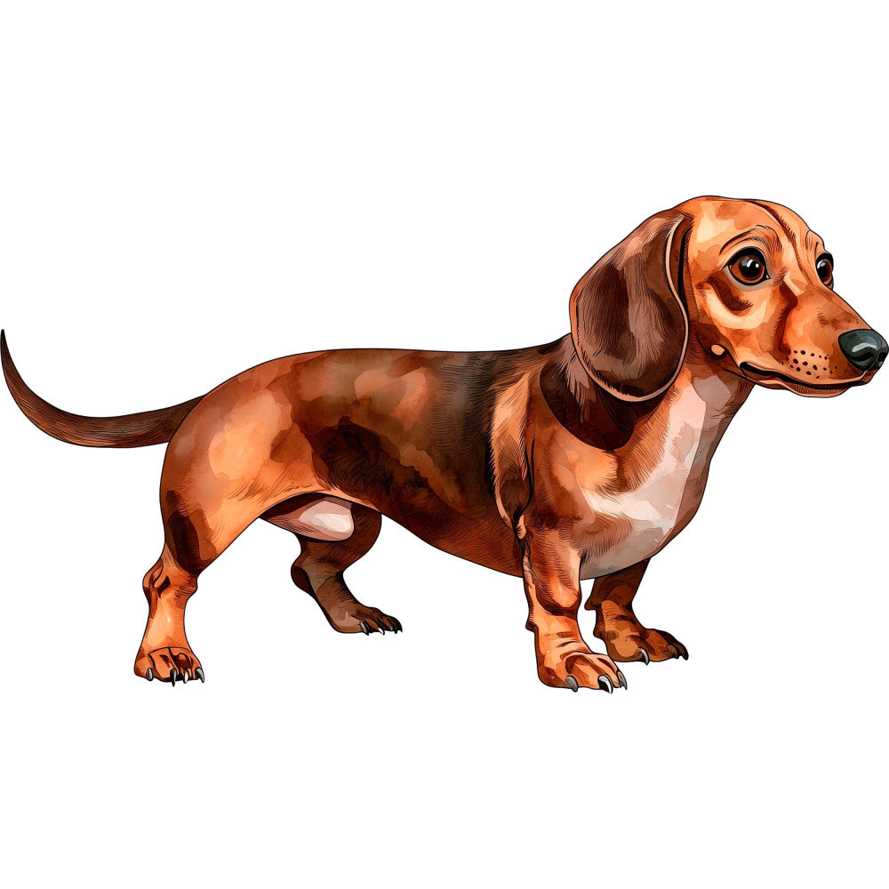 dachshund, dog, wiener dog, rust brown, chocolate brown, tan, reddish brown, burnt orange, animal, pet, dog lover, whimsical, cute, playful, portrait, realistic, detailed illustration, home decor, decorative panel, dog breed, long-bodied dog, humorous, fun, children's, kids, nursery, wall art, conversation starter, dog themed