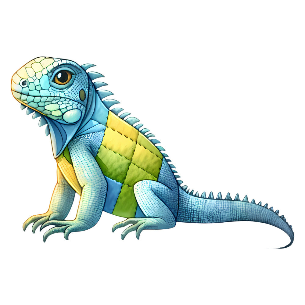turquoise, cyan blue, sky blue, lime green, yellow, golden yellow, cream, light blue, reptile, iguana, lizard, tropical, whimsical, colorful, nature, wildlife, children's, playful, modern, vibrant, cute, detailed illustration, animal lovers, exotic, summer, bright colors, multicolor, decorative motif, kids design