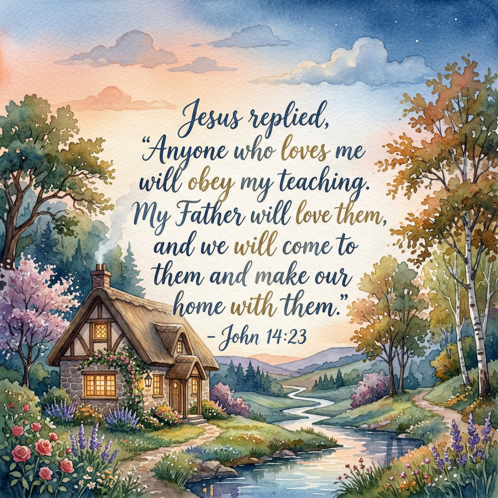 cottage core, scenic landscape, biblical verse, scripture quote, john 14:23, faith-based, religious, inspirational, home and family, pastoral scene, countryside, storybook illustration, whimsical, rustic, farmhouse, cozy cottage, autumn colors, spring blossoms, golden yellow, dusty blue, sage green, coral pink, lavender purple, watercolor style, nature themed, rolling hills, stream and river, flowering trees, cherry blossoms, flowering shrubs