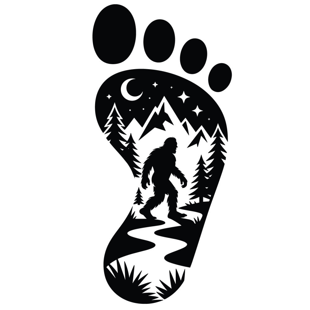 black, white, monochrome, bigfoot, sasquatch, footprint, silhouette, mountains, pine trees, forest, night sky, crescent moon, stars, wilderness, nature scene, fabric panel, cryptid, mythical creature, outdoor adventure, hiking trail