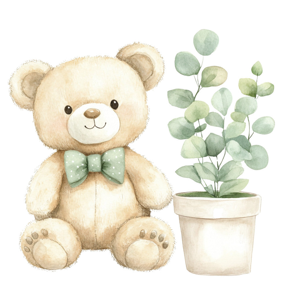 cream teddy bear, sage green, soft green, ivory, beige, tan, pastel green, eucalyptus, botanical, nature, animals, bears, whimsical, sweet, cute, baby, nursery, children, kids, potted plant, leaves, gentle, soft, calming, spring, easter, baby shower, baby quilt, wall hanging, gender neutral