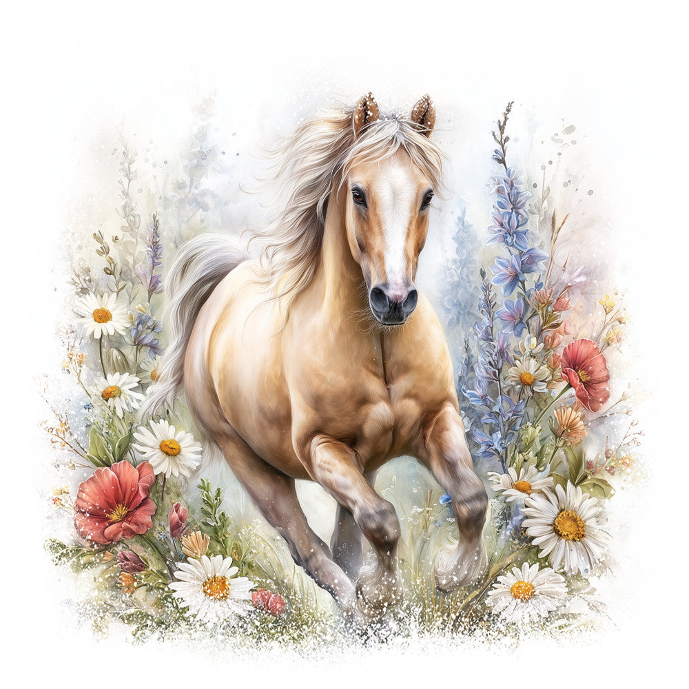horse, palomino, wildflowers, daisies, poppies, lavender, cream, beige, coral, purple, white, yellow, watercolor style, floral border, galloping horse, flowing mane, fabric panel, quilting cotton, whimsical art, pastoral scene, botanical design, soft pastels, nature motif