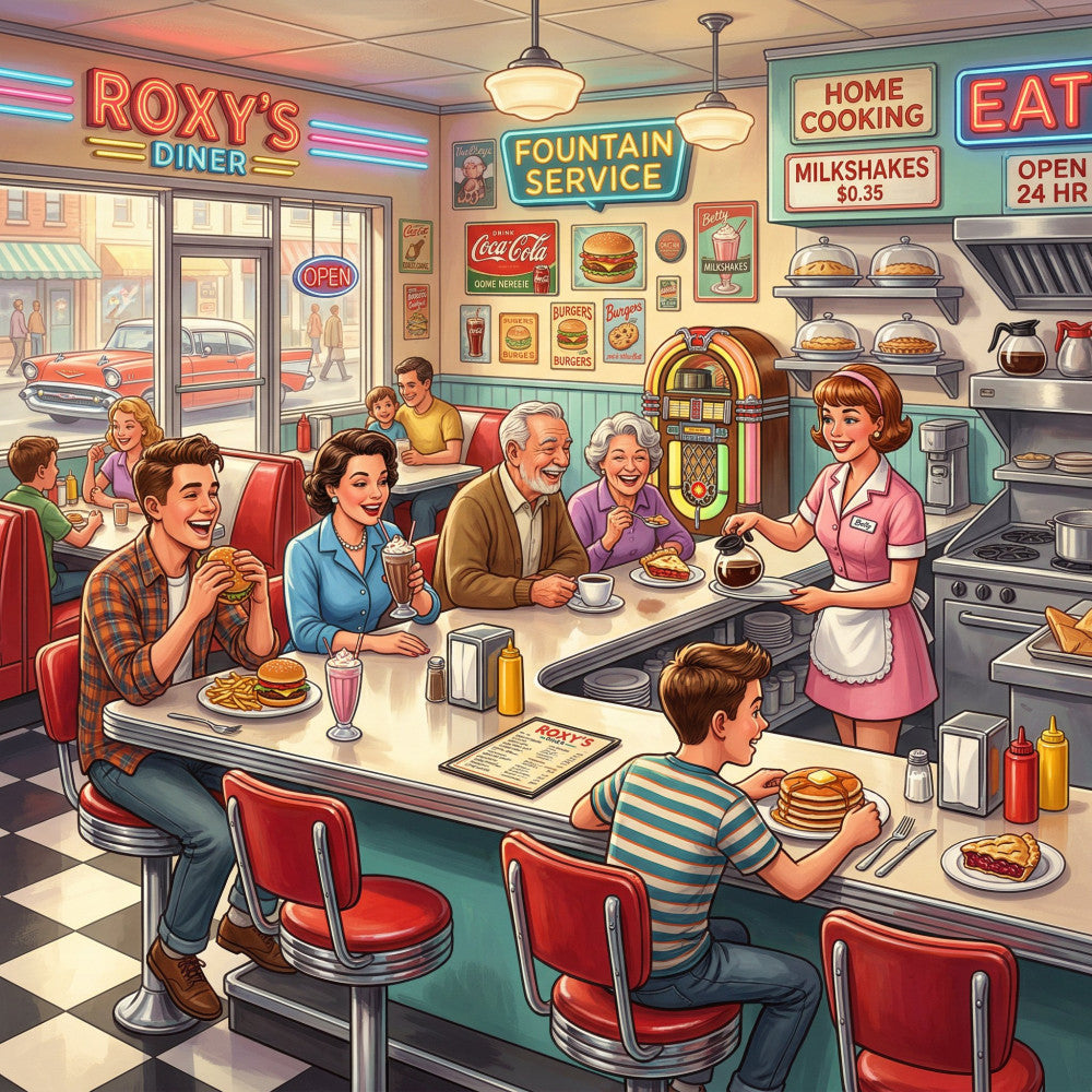 vintage diner, retro 1950s, mid-century modern, nostalgic americana, cherry red, turquoise, cream, pastel colors, jukebox, milkshakes, burgers, fountain service, classic cars, diner booths, neon signs, home cooking, open 24 hours, families dining, whimsical, playful, retro kitchen, soda fountain, checkerboard floor, waitress, happy people, cheerful, americana, collectible, conversation print, novelty