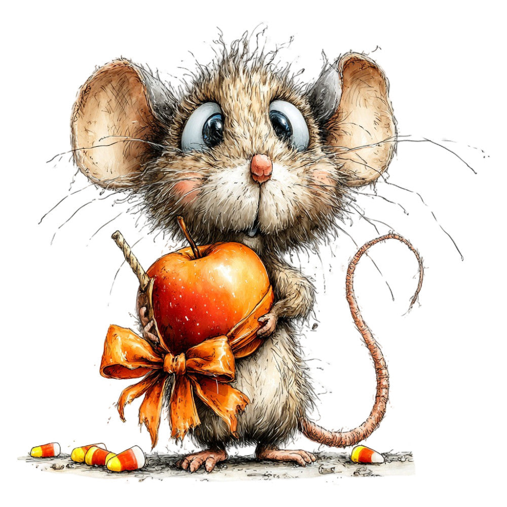 cute mouse, whimsical animals, candy corn, autumn harvest, fall colors, burnt orange, cream, brown, tan, red apple, holiday theme, woodland creatures, sweet treats, children's design, playful style, rustic charm, farmhouse style, seasonal candy, vintage illustration, animal motif, festive design, halloween, thanksgiving, nature-inspired, charming characters, decorative bow, innocent style