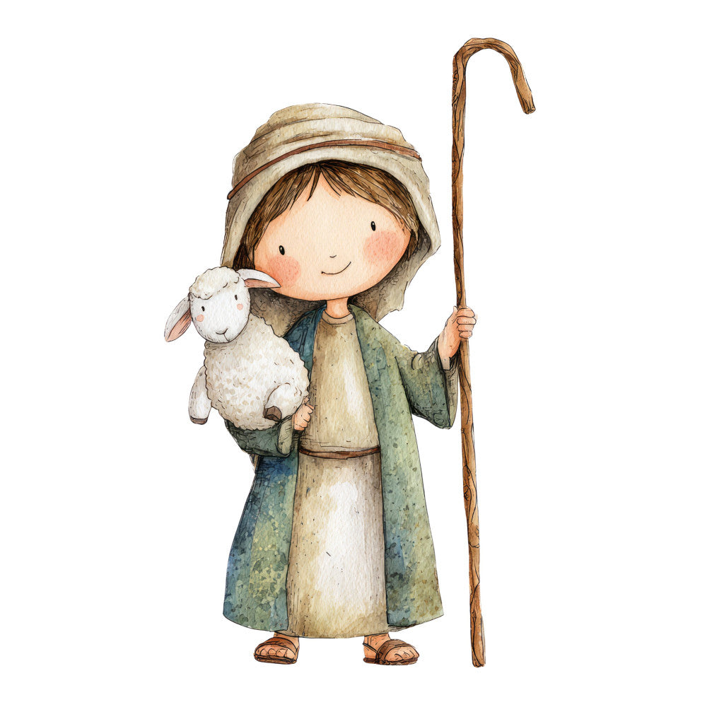 shepherd girl, lamb, sheep, pastoral, countryside, farm animals, vintage, whimsical, storybook, children's illustration, sage green, cream, beige, tan, earthy tones, folk art, rustic, traditional, sweet, innocent, gentle, character panel, picture panel, nursery, baby, animals, nature themed, soft colors, watercolor style, illustrated