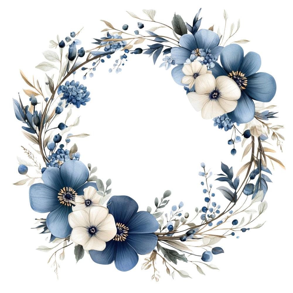 blue and white floral, slate blue, navy blue, cream white, dusty blue, watercolor flowers, floral wreath, botanical, nature themed, elegant, romantic, vintage style, spring flowers, garden flowers, anemone flowers, small flowers, berries, leaves, delicate florals, soft colors, muted tones, traditional floral, timeless design, circular wreath, dimensional flowers, cottage style, classic florals