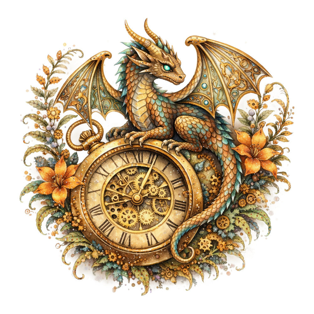 steampunk, dragon, clock, gears, gold, bronze, teal, turquoise, cream, botanical, flowers, floral, vintage, fantasy, whimsical, ornate, mechanical, celestial, elegant, magical, adventure, timepiece, nature-inspired, decorative, wall hanging, celestial dragon, ornamental gears, antique, timeless, adventure theme