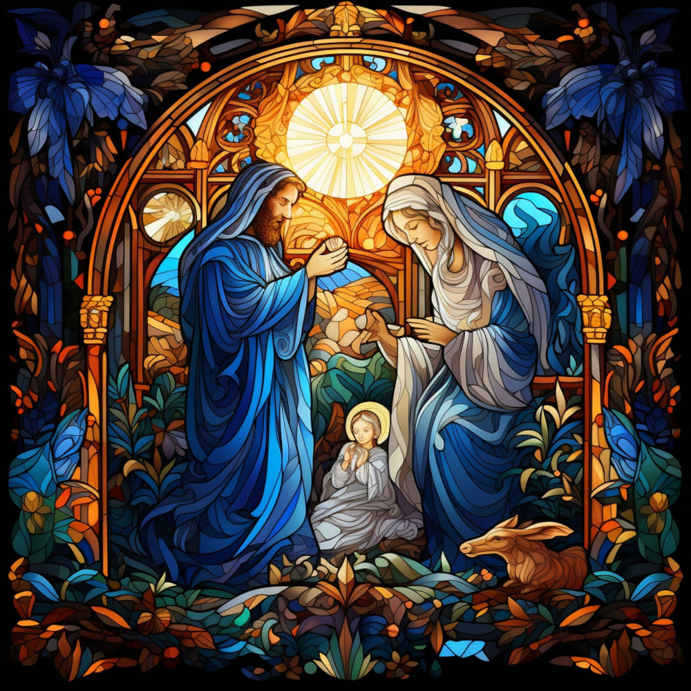 nativity scene, stained glass, holy family, jesus, mary, joseph, baby jesus, religious, christmas, biblical, blue robes, golden yellow, amber, deep blue, burgundy, white garments, gothic arches, radiant light, dove, fabric panel, quilting cotton, spiritual, sacred art, cathedral style, jewel tones