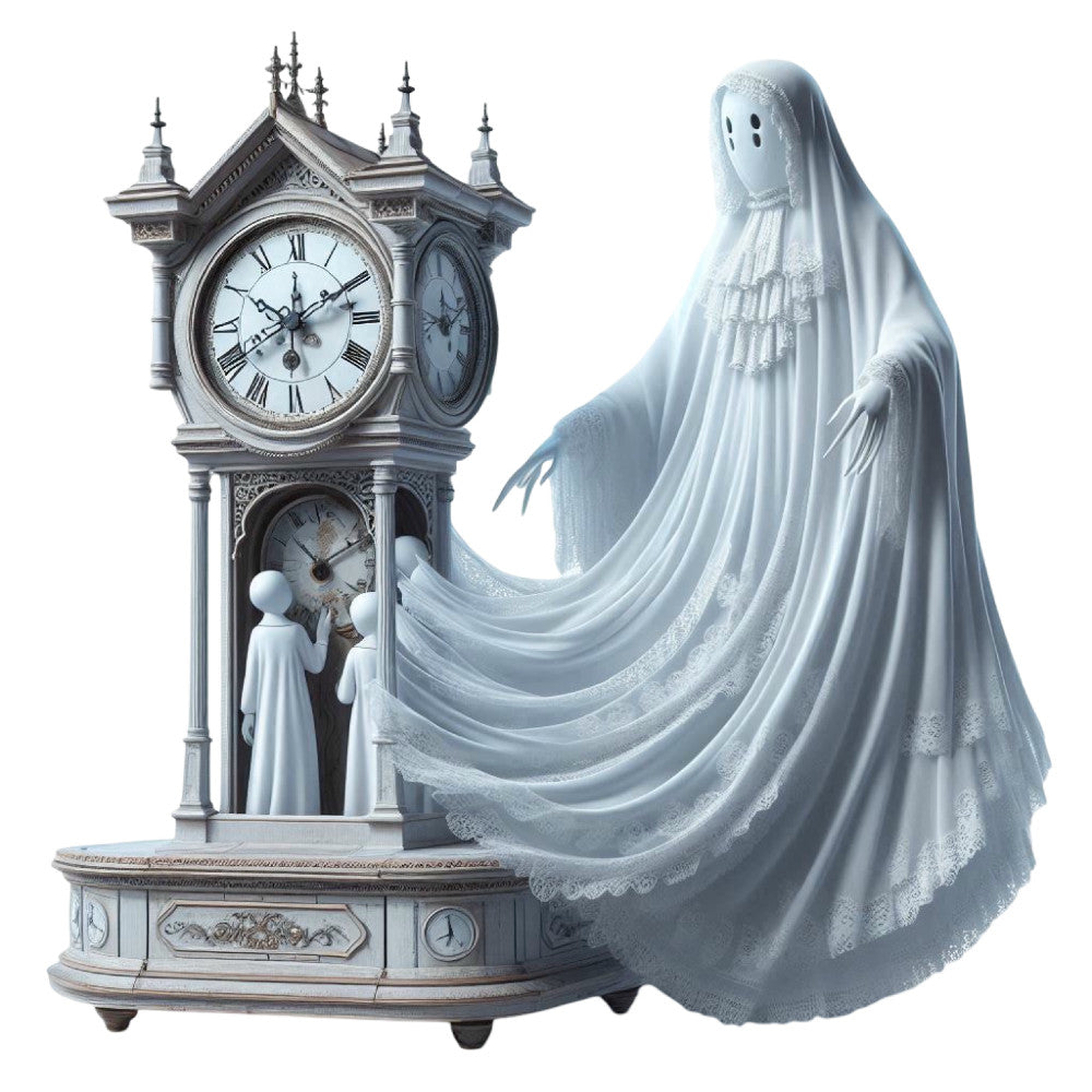 white, silver, pale blue, ethereal, ghostly, spectral, gothic, vintage, haunted, clock tower, steampunk, mechanical, fantasy, whimsical, elegant, dramatic, mystical, spooky, halloween, supernatural, romantic, victorian, ornate, detailed, intricate, celestial, architectural, dark academia