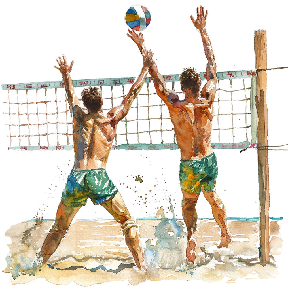 beach volleyball, summer sports, men's athletic, sand, ocean, coastal, watercolor, illustration, tan, khaki, sage green, teal blue, golden yellow, orange, beach theme, outdoor sports, action, dynamic movement, vacation, leisure, casual wear, athletic wear, watercolor art style, male figures, net sports, sand and sea, tropical vibes, resort wear