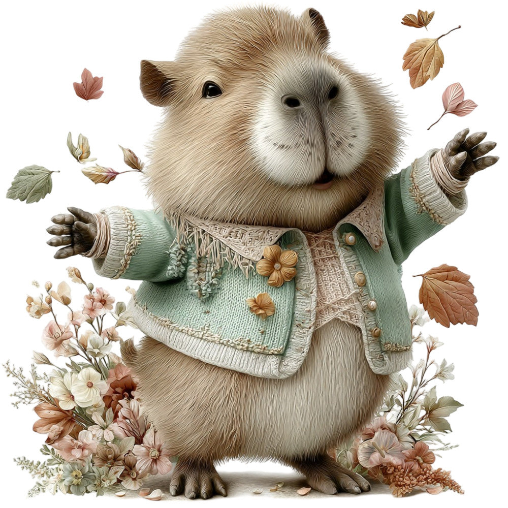 cute animal, capybara, woodland creature, sage green, cream, ivory, dusty rose, mauve, tan, beige, floral, botanical, whimsical, storybook, charming, children's, nursery, baby, nature, autumn leaves, fall, spring flowers, sweater knit, cozy, cottage core, farmhouse, gentle, soft, decorative panel, wall hanging