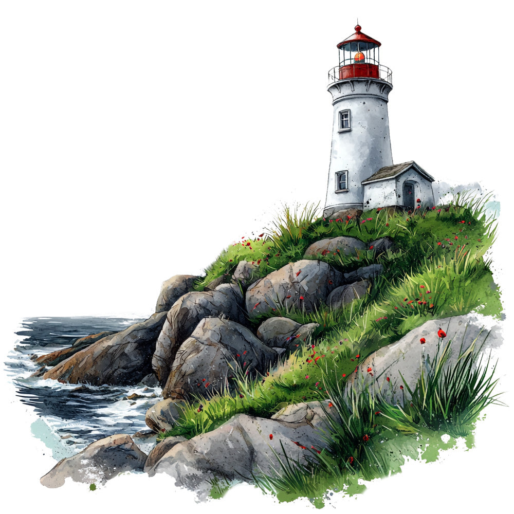 white lighthouse, red lantern room, rocky coastline, ocean waves, green grass, gray rocks, coastal scene, watercolor style, nautical theme, seaside landscape, fabric panel, quilting cotton, maritime design, lighthouse keeper house, wild flowers, sea spray, rugged cliffs, peaceful mood, nature scene, coastal vegetation