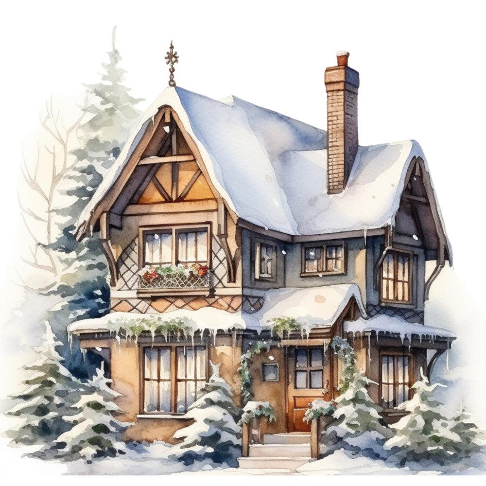 Watercolor Winter Houses Fabric Panel 30