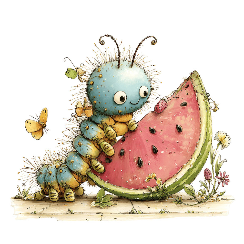 whimsical, caterpillar, watermelon, blue-green, sage green, coral pink, dusty rose, nature, insects, butterflies, children's, storybook, cute, playful, springtime, summer, garden, flowers, charming, illustrated, fantasy, quirky, colorful, kid-friendly, nursery, baby, whimsy, artistic, detailed, pastoral