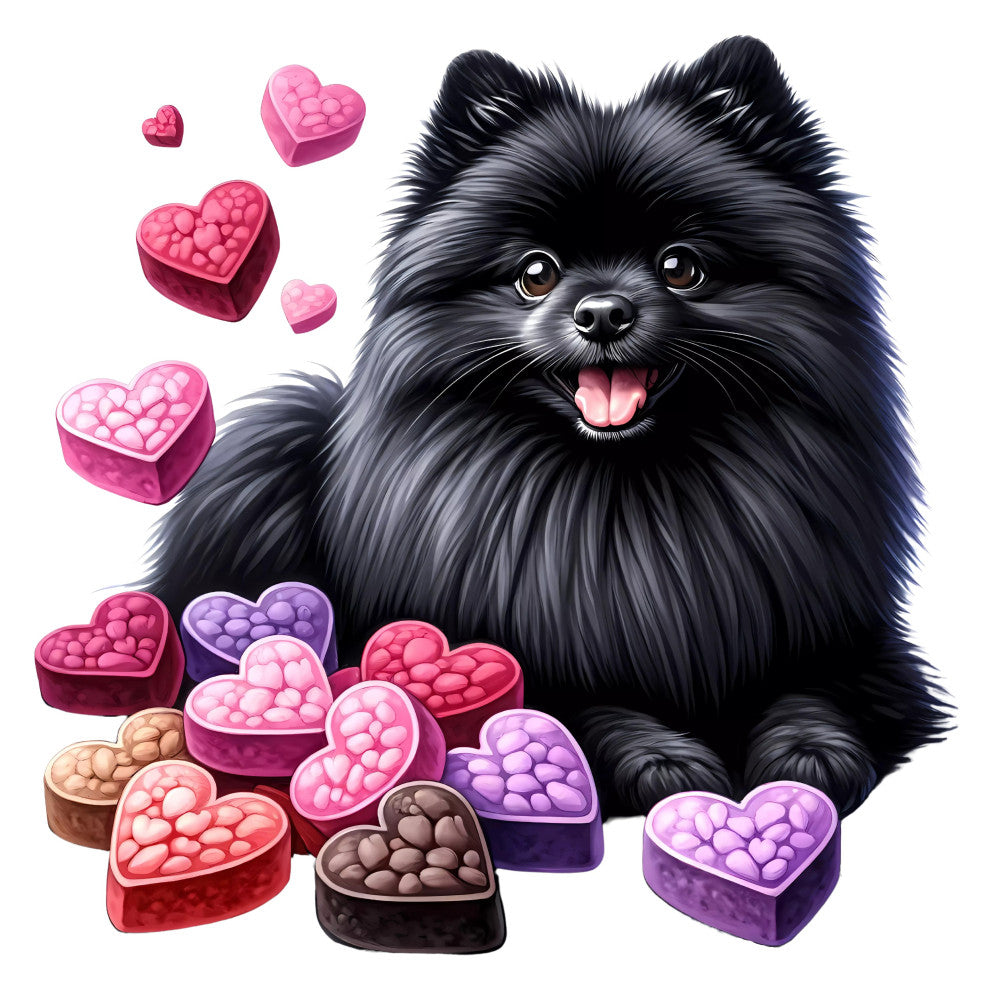black fluffy dog, pomeranian, cute puppy, heart shaped chocolates, candy boxes, valentine's day, love themed, pink hearts, purple hearts, chocolate brown, hot pink, magenta, lavender purple, black fur, whimsical style, playful design, romantic theme, sweet treats, confectionery, gift giving, children's fabric, pet lover, dog breeds, adorable animals, festive occasion, novelty print, decorative motifs, baby quilt, wall hanging
