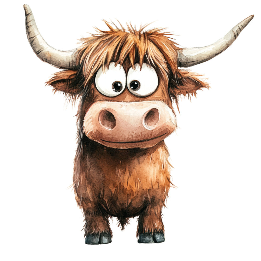 highland cattle, scottish cow, brown, tan, cream, beige, rust, whimsical, cartoon, cute animals, funny face, children's, kids fabric, nursery, farm animals, farmhouse, long horns, hairy cow, playful, humorous, animal character, children's illustration, quirky, storybook, animated style, light hearted, happy expression