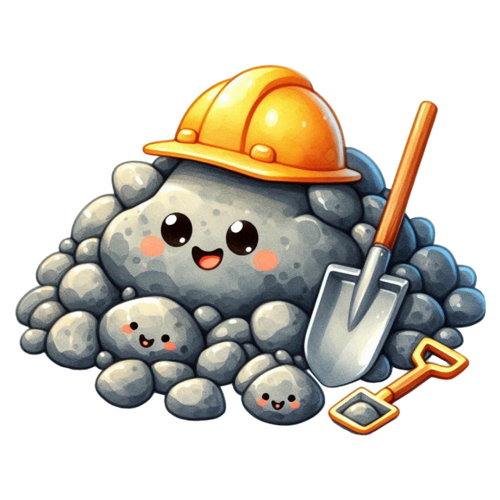 gray, orange, yellow, charcoal gray, soft gray, cute characters, whimsical, playful, kawaii, construction themed, construction worker, rocks, stones, pebbles, tools, shovel, hard hat, smiling faces, cheerful, children's, kids, adorable, labor day, work themed, cartoon style, fun, lighthearted, baby quilt, novelty print