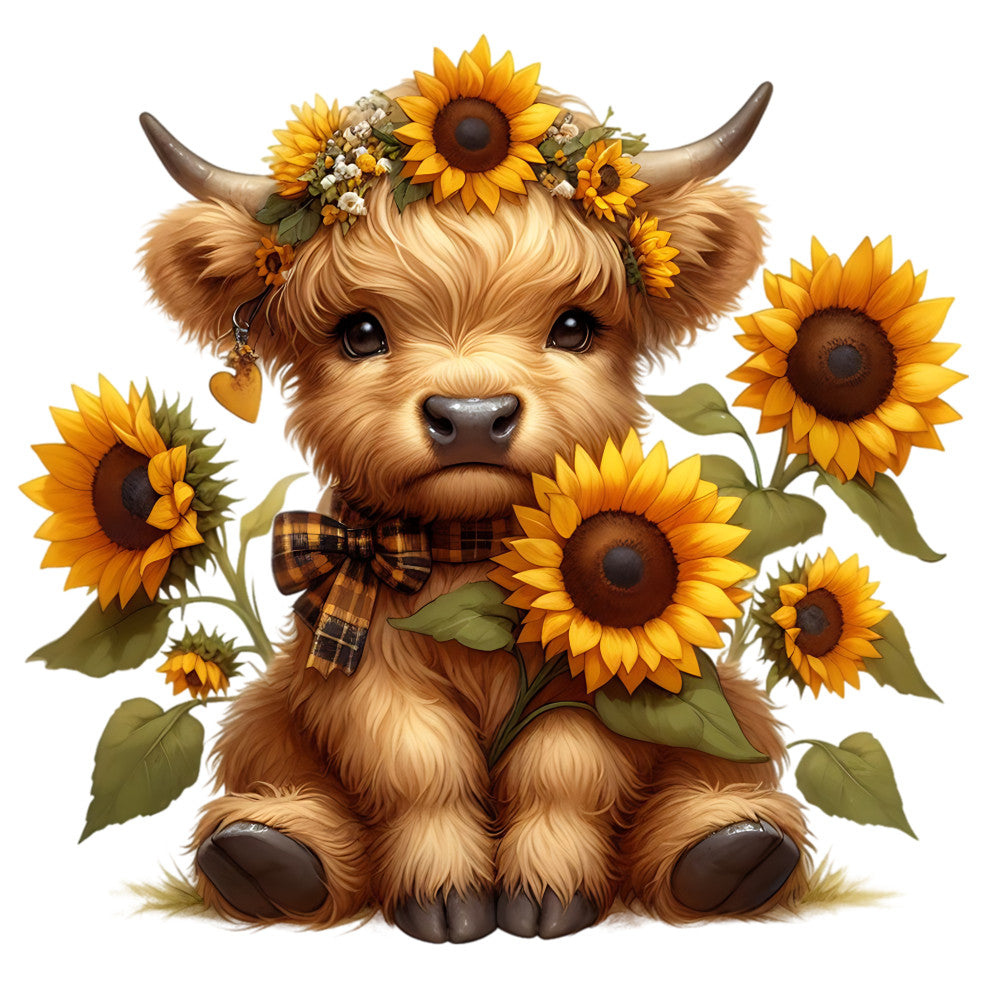 Sunflower Highland Cows Fabric Panel 32 features a cute highland cow with sunflowers on premium quilting cotton.