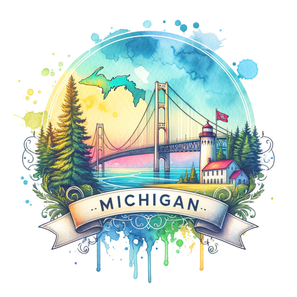 US States Retro Travel Fabric Panel 36 featuring a watercolor Michigan design with bridge, lighthouse, and forest scene on premium cotton.