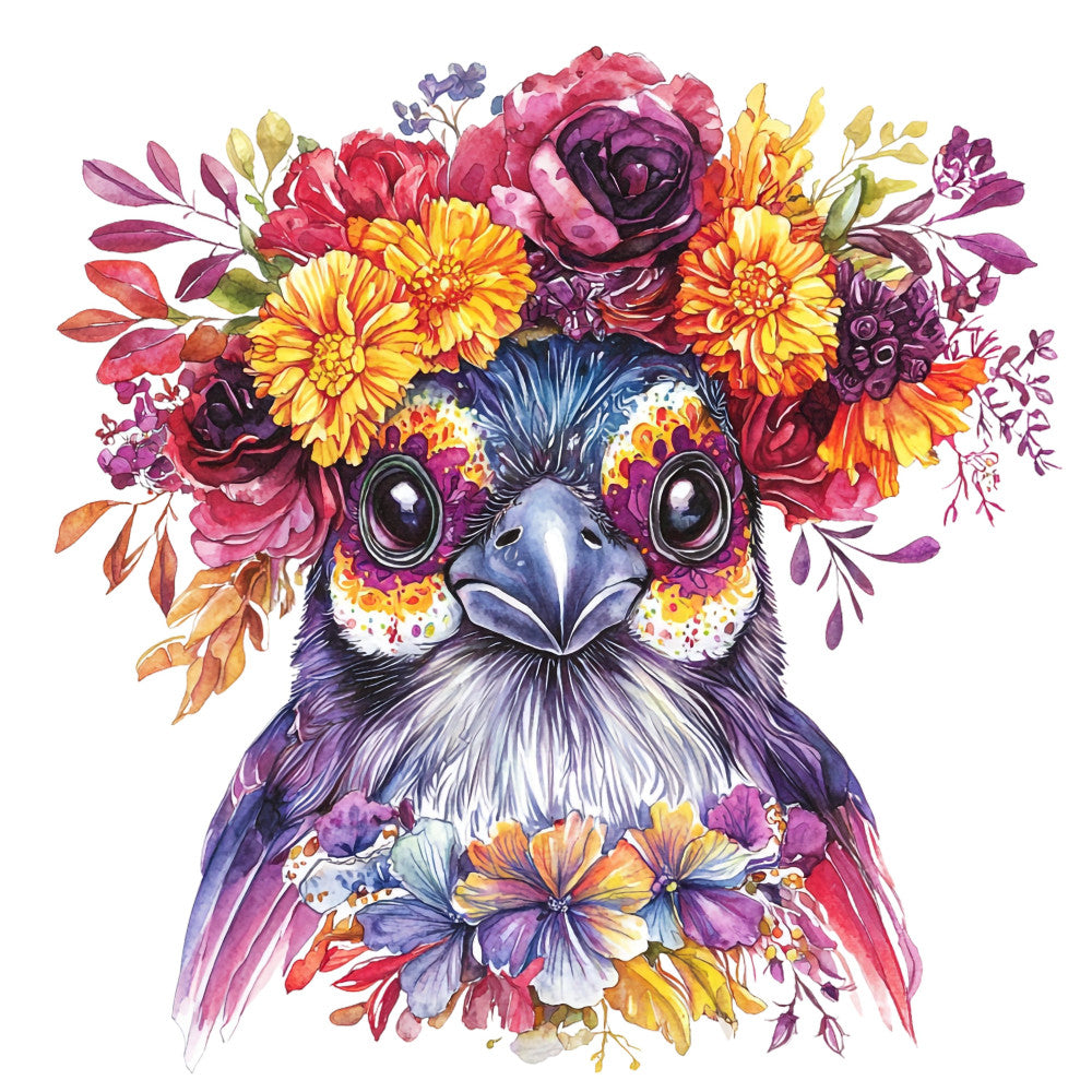 bird, floral, flowers, colorful, vibrant, whimsical, botanical, nature, animal, purple, yellow, orange, pink, red, burgundy, magenta, coral, gold, teal blue, navy blue, multicolor, illustrated, decorative, summer, spring, artistic, modern, bohemian, garden, whimsy