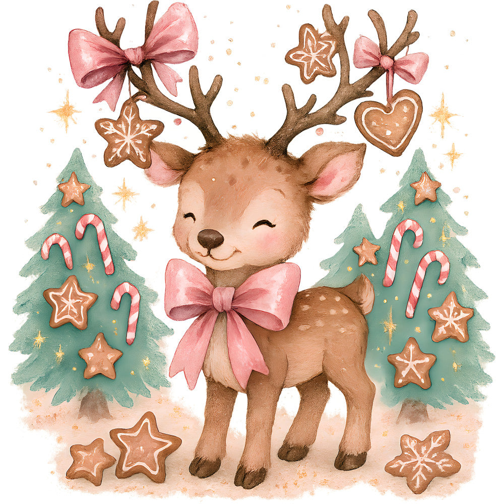 pink, brown, green, gold, watercolor style, reindeer, deer, christmas trees, gingerbread cookies, candy canes, bows, ribbons, stars, heart, antlers, whimsical, festive, holiday, fabric panel, quilting cotton, cute animals, winter scene, pastel colors, decorative ornaments