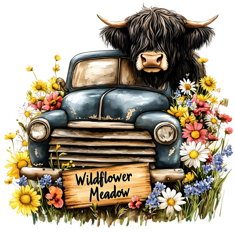 Highland Cows in Vintage Trucks Fabric Panel 9 featuring a Highland cow in an old truck surrounded by wildflowers and meadow blooms.