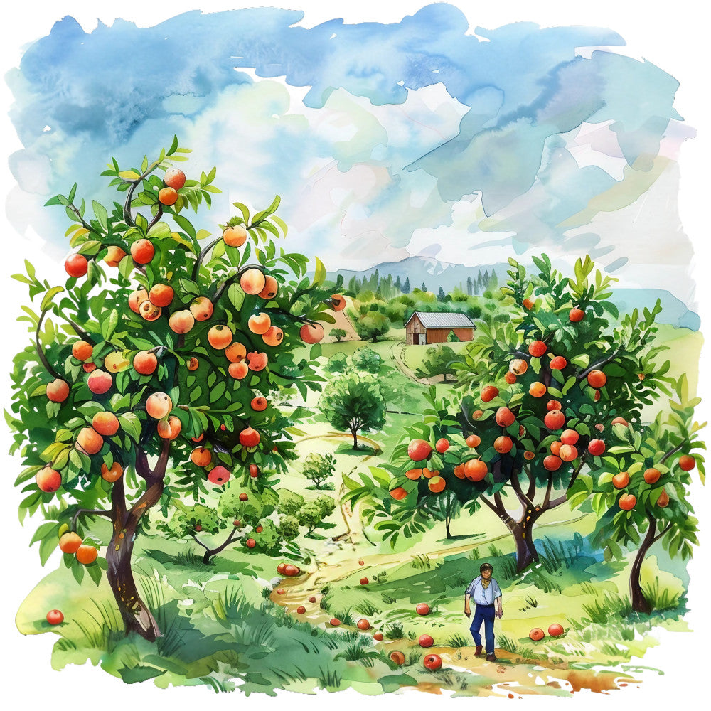 watercolor painting, summer landscape, fruit orchard, apple trees, red apples, green foliage, blue sky, pastoral scene, country farmhouse, winding path, mountains, fabric panel, quilting cotton, nature scene, harvest theme, rural setting, soft brushstrokes, peaceful countryside, fruit picking, agricultural landscape